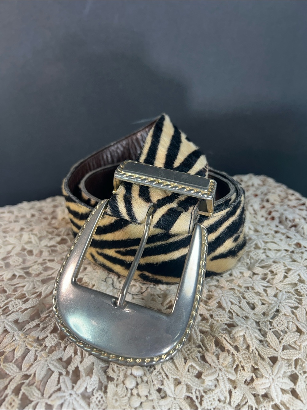 Women's Zebra Print Haircalf Belt with Silver Buckle USA M